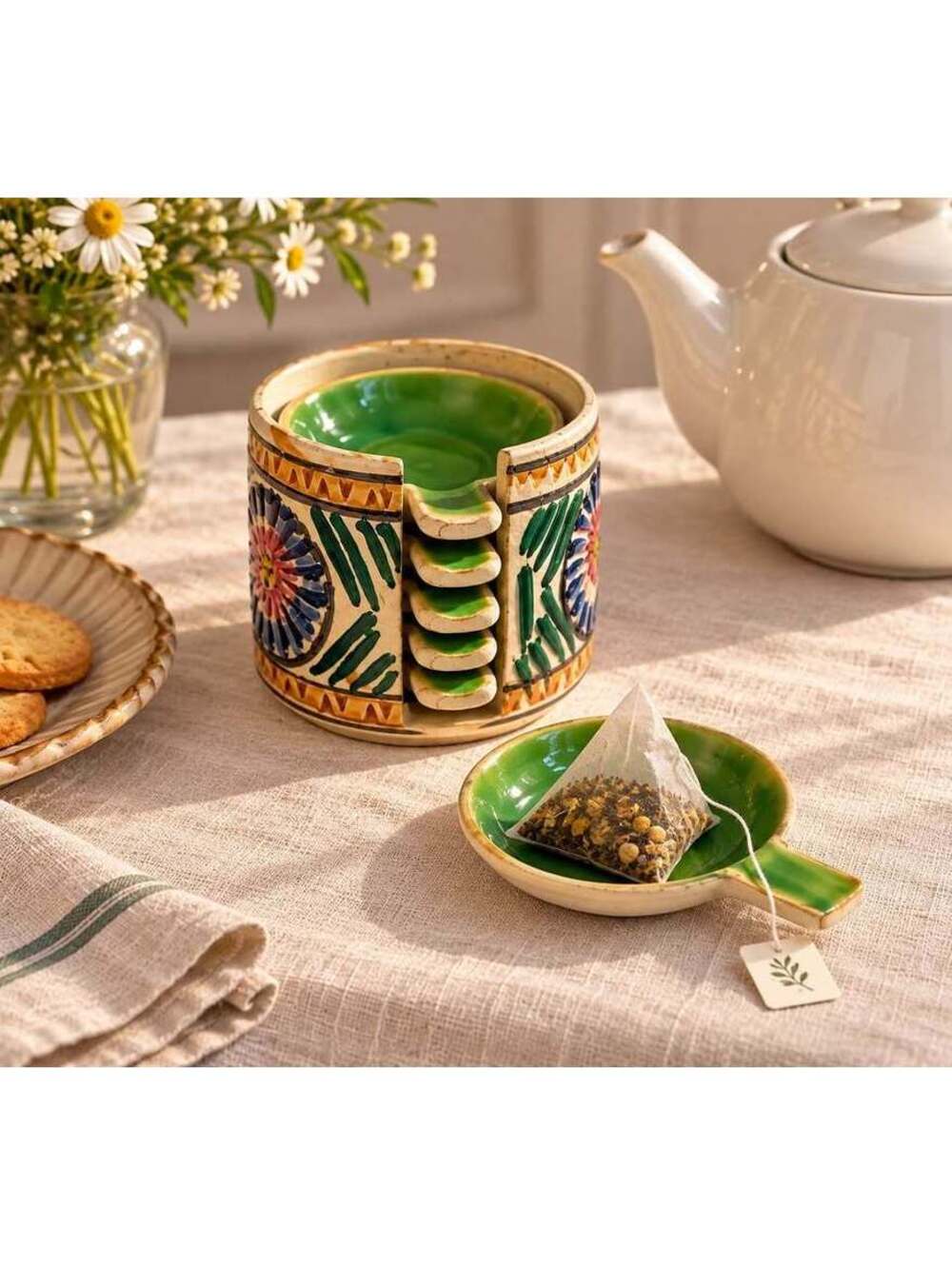 Vintage Ceramic Teabag Holder Set – 6 Green Tea Bag Rest Dishes & Caddy